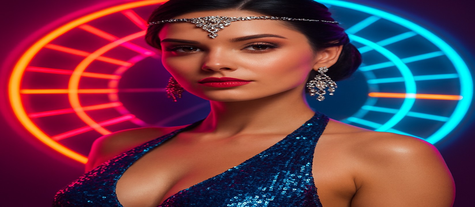 চাকার সামনে উজ্জ্বল পোশাকে এক নারী, একটি রঙিন গেমিং প্ল্যাটফর্মের সামনে